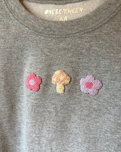 Pink and purple flower/mushroom crewneck