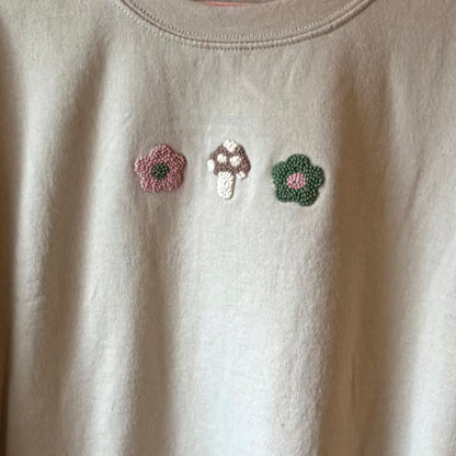 Green and pink mushroom crewneck